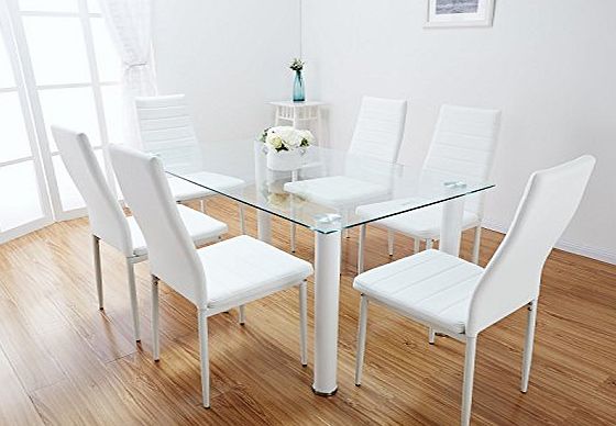 FurnitureBox Lunar Rectangle White Glass Dining Table Set and 4 White Faux Leather Chairs Seats