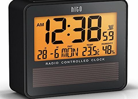 HITO Atomic Radio Controlled Travel Alarm Clock w/ Date, Temperature Humidity, Week, Alarm Status, Backlight - Battery Operated w/ Solar Panel