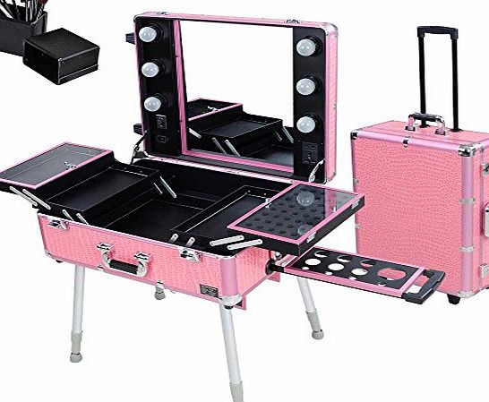 ReaseJoy Pro Trolley Cosmetic Train Case with Light/Support/Mirror Rolling Makeup Box Case Portable Organizer Box Pink