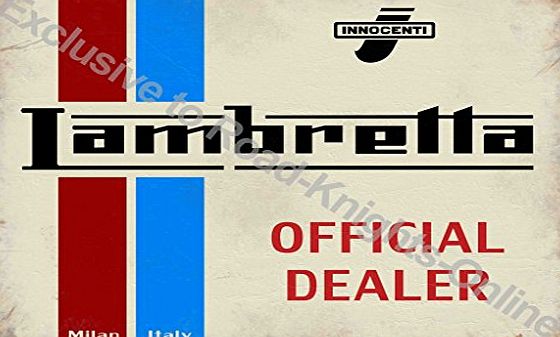 RKO Lambretta Scooter Official Dealer. Innocenti. Logo on white, red and blue. Milan Italy. Old retro vintage for house, home, bar, garage, pub or shop. Large Metal/Steel Wall Sign