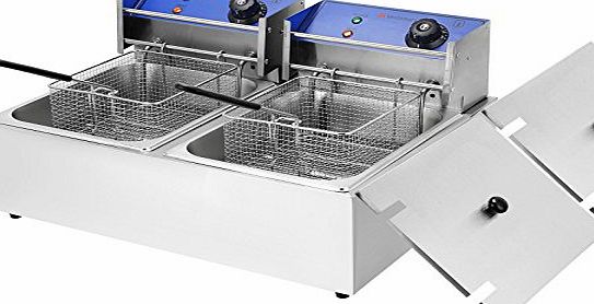 Voilamart 2x 10L Commercial Stainless Steel Electric Deep Fat Fryer Chip Basket Lid Twin Double Tank