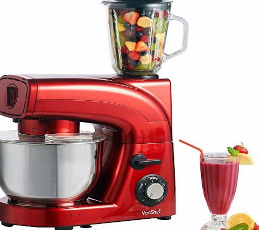 VonShef 3-in-1 1200W Electric Stand Mixer with Blender amp; Meat Grinder, 2 Year Free Warranty - Red