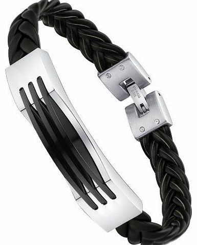 AI Stainless Steel Jewelry Braided Leather and Stainless Steel Mens Bracelet 8.3`` (Black and Silver Color) G6013MY3