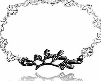 AmberMa Black ``Olive Branch`` Charm Pendant Bracelet Sterling Silver plated Fashion Women Girls
