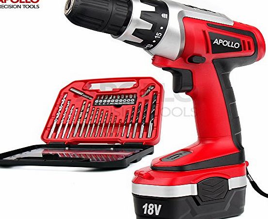 apollo precision tools Apollo 18 V Pro Combo Cordless Drill Driver with 1000 mAh NiCad Battery, 17 Position Keyless Clutch, Variable Speed Switch amp; 30 Piece Drill and Screwdriver Bit Accessory Set in Compact Storage Cas