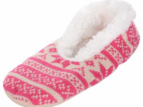 Autumn Faith Ladies Pink Fairisle Knitted Snugg Slippers With Supersoft Sherpa Lining UK 7-8