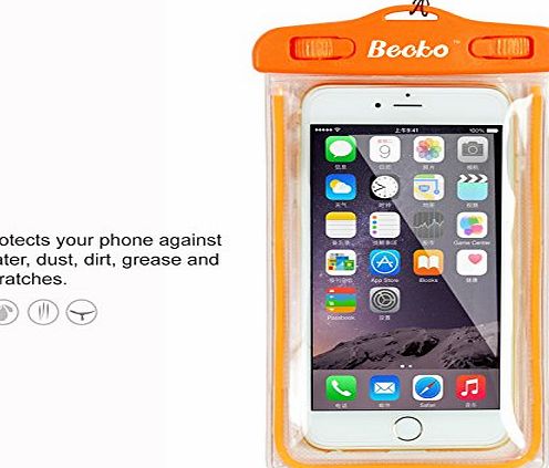 Becko Orange Fluorescence Waterproof Case Touch Responsive Front and Back, Universal Waterproof Wallet, Dry Bag, Pouch for 5.5`` Mobile Phone, IPhone 6 Plus, 6, 5, 5s, 4, Samsung Galaxy S4, Samsung Not
