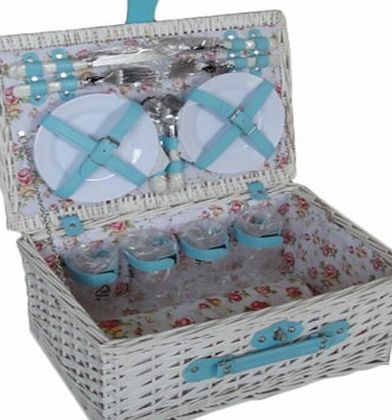 4 PERSON WHITE SHABBY CHIC WILLOW WICKER PICNIC BASKET HAMPER SET FLORAL LINING