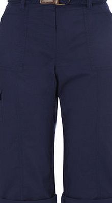 Bhs Womens Deep Navy Belted Cotton Crop Trousers,