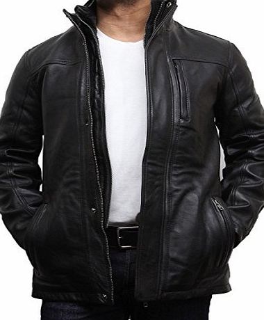 Brandslock UK Vintage Mens Leather Stylish Biker Parka Jacket Coat Designer style Jacket (5xl) (L, Black)
