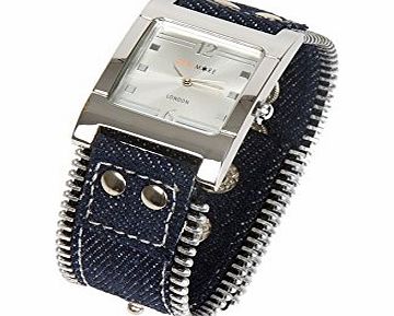 Denimore London Art Deco Quartz Designer Watch with Additional Self Change Denim amp; Leather Strap