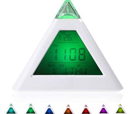 dodocool 7 LED Color Changing Pyramid Digital LCD Alarm Clock Thermometer C/F(Style 6 Pyramid 7 Color Clock)