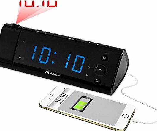 ELECTROHOME  USB Charging Alarm Clock Radio with Time Projection, FM Radio, Battery Backup, Dual Alarm, 1.2`` LED Display for Smartphones amp; Tablets (EAAC475UK)