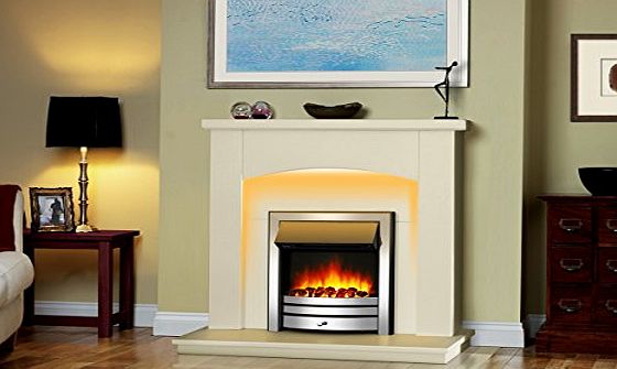 Endeavour Fires and Fireplaces Endeavour Fires New Cayton Electric 42``Fireplace Suite, fitted with Black Trim and Fret, 220/240Vac 1amp;2kW with multi function remote control in a very light cream MDF fireplace suite.
