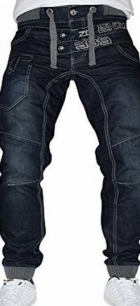 Enzo Mens Designer Enzo EZ304 Blue Cuffed Jogger Jeans Denim Pants Bottoms Waist 30`` Leg 32`` (30R) EZ304-Dark Blue Wash