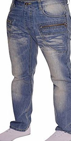 Enzo Mens Designer EZ354 Hardwearing Fashion Stonewash Jeans with Zips Waist 32 Leg 32`` (32R) Mid Wash Blue