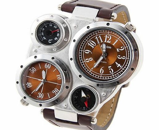 Excelvan Designer Mens Watches, Fashionable Students Watch, Special dial design Oulm Multi-Function XXL Watch for Men with Dual Movt Numerals Indicate Time Dial Brown Genuine Leather,Great gift for y