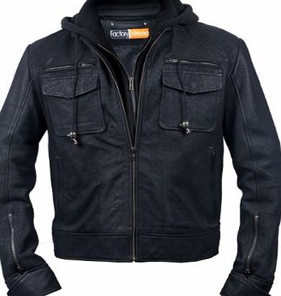 FactoryExtreme Pressido Mens Black Hoodie Biker Leather Jacket, Medium, Black