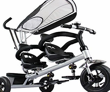 FASCOL 4 in 1 Kids Twins Trike Children Double Seats Tricycle Bike - Kids Pushchair Twins Baby Trikes Stroller - Black