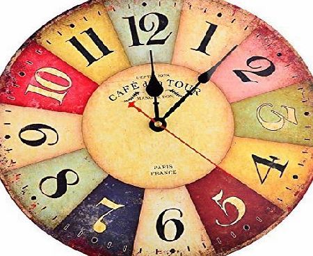 FINER SHOP Wall Clock, Finer Shop 12 Inch Vintage Colorful France Paris French Country Tuscan Style Arabic Numerals Design Silent Wooden Wall Clock Home Decor