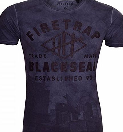 Firetrap Mens Designer T Shirt Sublimation Print Acid Wash Tie Dye Tee Top Large Navy