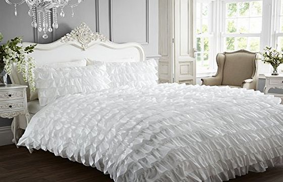 Flamenco Frilled Can Can New Quilt Duvet Cover and 2 Pillowcase Bedding Set, White, Double