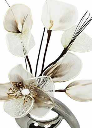 Flourish 798529 QH1 Silver Vase with Cream and Brown Nylon Artificial Flowers in Vase, Fake Flowers, Ornaments, Small Gift, Home Accessories, 32cm
