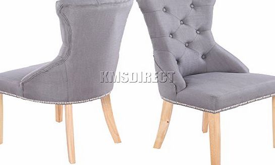 FoxHunter Set of 2 Fabric Linen Dining Chairs Scoop Button Back With Chrome Studs Office Lounge Seat DCF05 Grey Furniture Contemporary Modern Look New