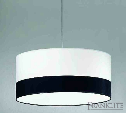 Franklite Hula Large black and white drum shade pendant on satin nickel metalwork with clear suspension
