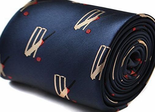 Frederick Thomas navy tie with cricket bat and stumps design with signature floral design to the rear