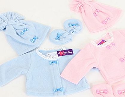 FRILLY LILY EYFS resourses 35-45 cm Dols clothes Set Fleece jacket Hat and Mittens set in Pale Blue and Pink , from Frilly Lily .Suitable for dolls such as Baby Born , and lots of Corolle and Gotz dolls 14-18 inc