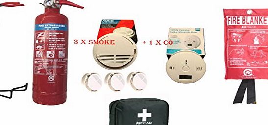 FSS UK HOME FIRE SAFETY PACK 1. FSS UK FIRE EXTINGUISHER, FIRE BLANKET,42 PCS FIRST AID KIT, SMOKE DETECTOR FIRE ALARM x 3   CO CARBON MONOXIDE DETECTOR WITH 9V BATTERIES. CE MARKED. IDEAL FOR HOMES,