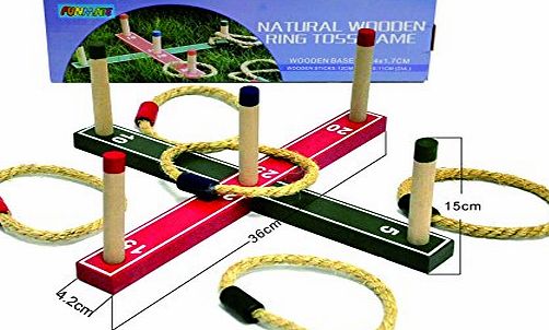 Funmate Natural Wooden Rope Quoits, Ring Toss Game Hoopla Set