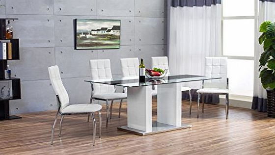 FurnitureBox FLORENCE High Gloss White Glass Dining Table Set and 6 Faux Leather Chairs Seats
