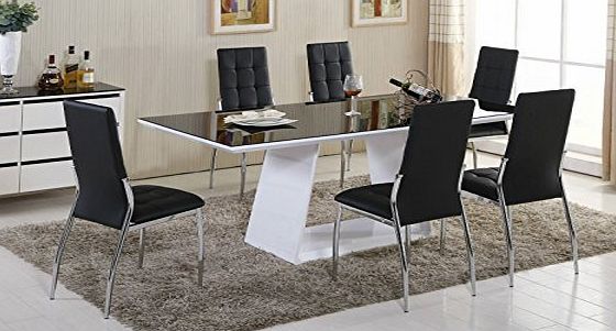 FurnitureBox MURANO Black/White High Gloss Glass Dining Table Set and 6 Leather Chairs Seater