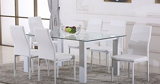 FurnitureBox White HAVANA High Gloss Glass Dining Table Set and 6 White Faux Leather Chairs Seats