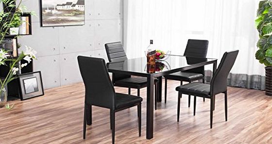 furnitureboxuk Designer Rectangle Glass Dining Table Set and 4 Black Faux Leather Chairs Seats