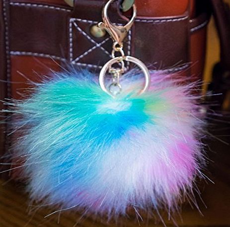 Furry Friends 3 FOR 2! 12cm Blue amp; Green With Random Rainbow Mixes Large Fluffy FAUX / FAKE fur raccoon style pom pom big designer gold keyring clasp charm (Blue amp; Green With Random Rainbow Mixes)