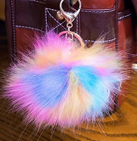 Furry Friends 3 FOR 2! 12cm Pink amp; White With Random Rainbow Mixes Large Fluffy FAUX / FAKE fur raccoon style pom pom big designer gold keyring clasp charm (Pink amp; White With Random Rainbow Mixes)
