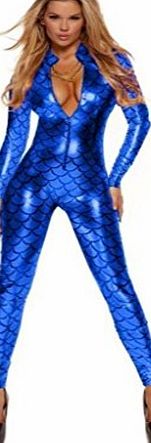 Gabriela Boutique New Ladies Blue Wet Look Fish Scales Pattern Jumpsuit Catsuit Playsuit Bodysuit Club Wear Fancy Dress Costume Size M UK 12 EU 40