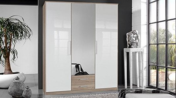 Germanica BREMEN 3 Door 1 mirror Bedroom Wardrobe With Drawer Storge in WHITE amp; OAK Colour