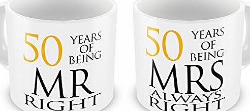 GIFT MUGS Pair of Mr Right amp; Mrs Always Right Anniversary (50th Golden) Novelty Gift Mugs w/ Matching Coasters
