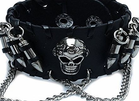 Gleader Black Mens Gothic Leather Bullet Skull Chain Wristband Bracelets for Men
