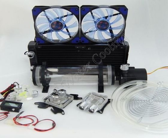 Glowry DIY PC Water Liquid Cooling Complete Kit Computer System, Including 210mm Reservoir 12v Pump 240mm Radiator 2pcs Blue LED Fans Universal CPU GPU Blocks 3 Way Flow Meter LED Thermometer Dust Pr