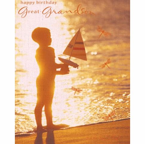 Gold Great Grandson Birthday Card - Boy Holding Toy Boat 7.5`` x 5`` Code 777B
