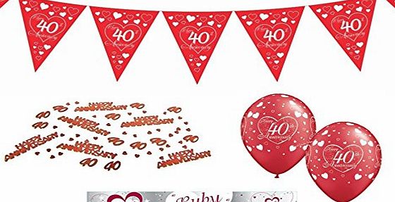 Good Deals Online 40th Ruby Wedding Anniversary Bundle Pack Includes 1 String of Heart Bunting Flags 3.6m, 10 Red Balloons, 2 Banners and 1 Pack of Confetti - Husband Wife Party House Decoration Coordinate with other r