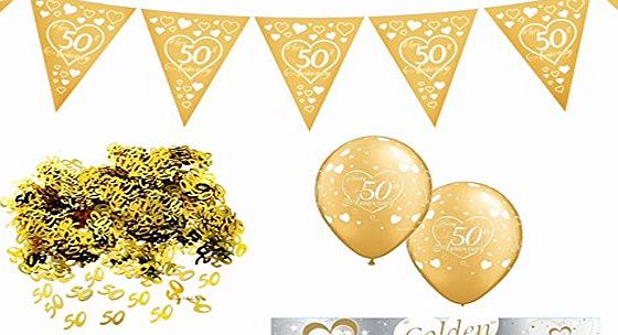 Good Deals Online 50th Golden Wedding Anniversary Bundle Pack Includes 1 String of Heart Bunting Flags 3.6m, 10 Gold Balloons, 2 Banners and 1 Pack of Confetti - Husband Wife Party House Decoration Coordinate with othe