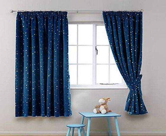 H.Versailtex Printed Blackout Room Darkening Pencil Pleat Pair Light Reducing Microfiber Curtains, Thermal Insulated amp; Warm Protecting, Navy Blue with Silver Stars for Kids Room 54 by 46 inch