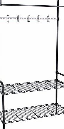 Hapilife 3 in 1 Contemporary Metal Coat Stand with 1 Hanging Rail Multi-Purpose Hooks 2 Tier Shoe Racks Hallway Furniture Max Load Capacity up to 70 KG / 155 lbs 170 x 74 x 30cm Black