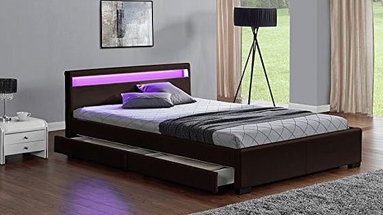 Harmin Furniture Exclusive Harmin Designer Double Sized Musical, Bluetooth LED Colour Changing Brown Faux Leather Bed Frame with Remote for LEDs